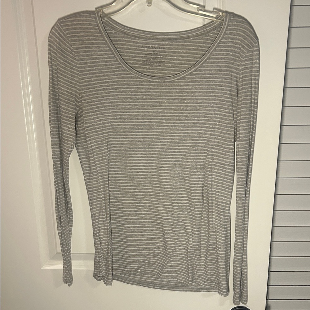 Ann Taylor Gray Striped Long Sleeve Tee